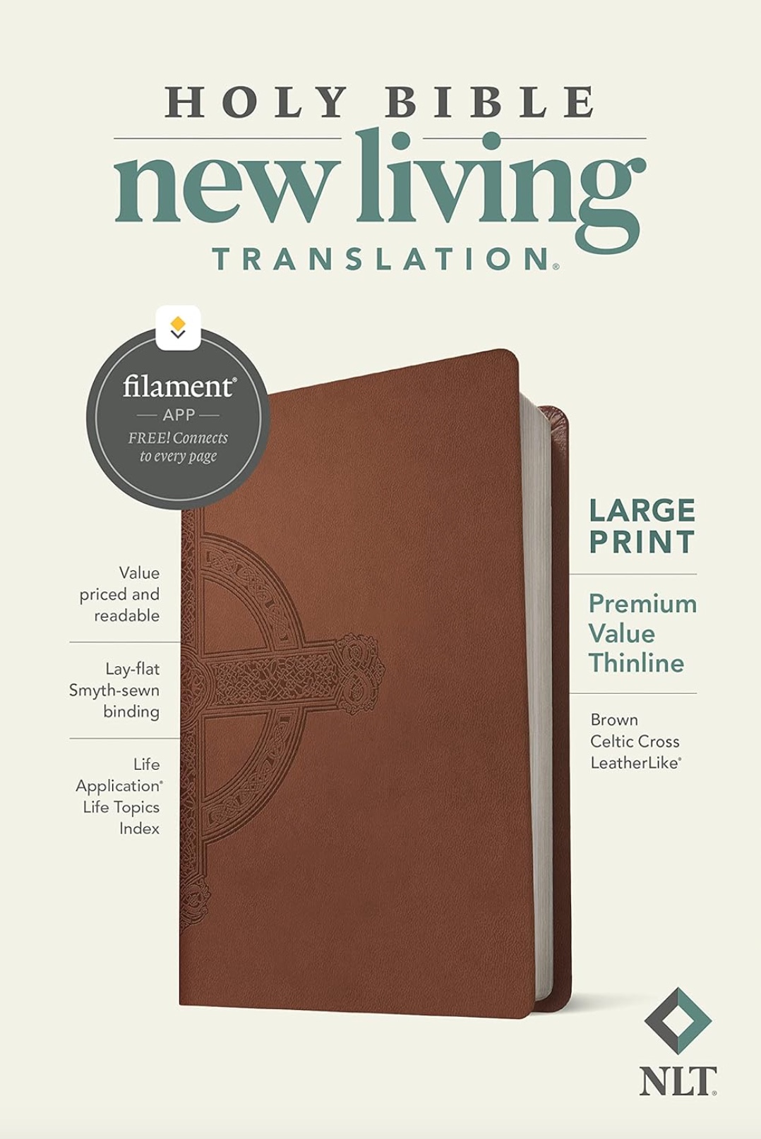NLT Large Print Premium Value Thinline Bible, Faux Leather, Brown Celtic Cross, , large