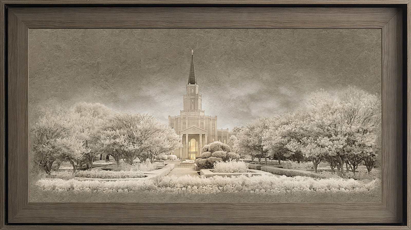 Houston Texas Temple - Gray Wood (22x39 Framed Textured Paper)