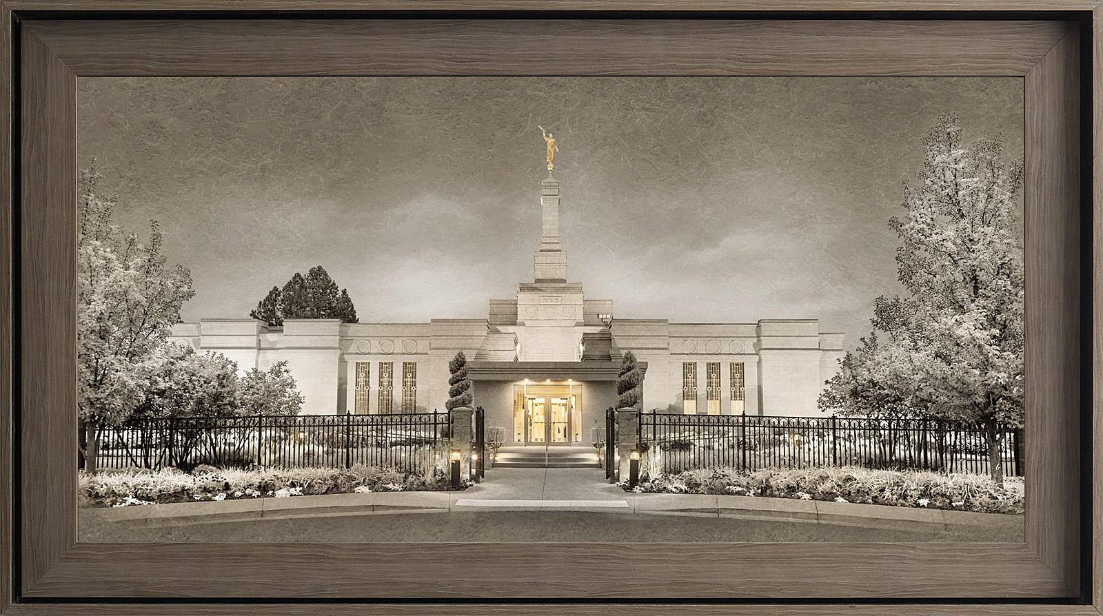 Spokane Washington Temple, Gray Wood (22x39 Framed Textured Paper)