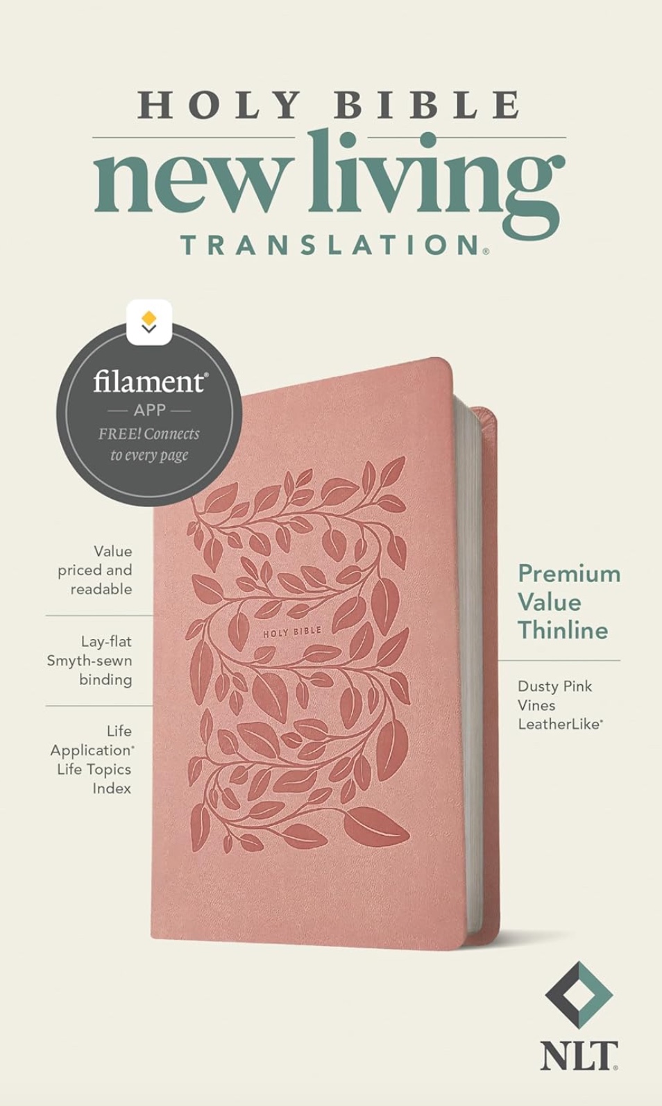 NLT Premium Value Thinline Holy Bible, Faux Leather, Dusty Pink Vines, , large