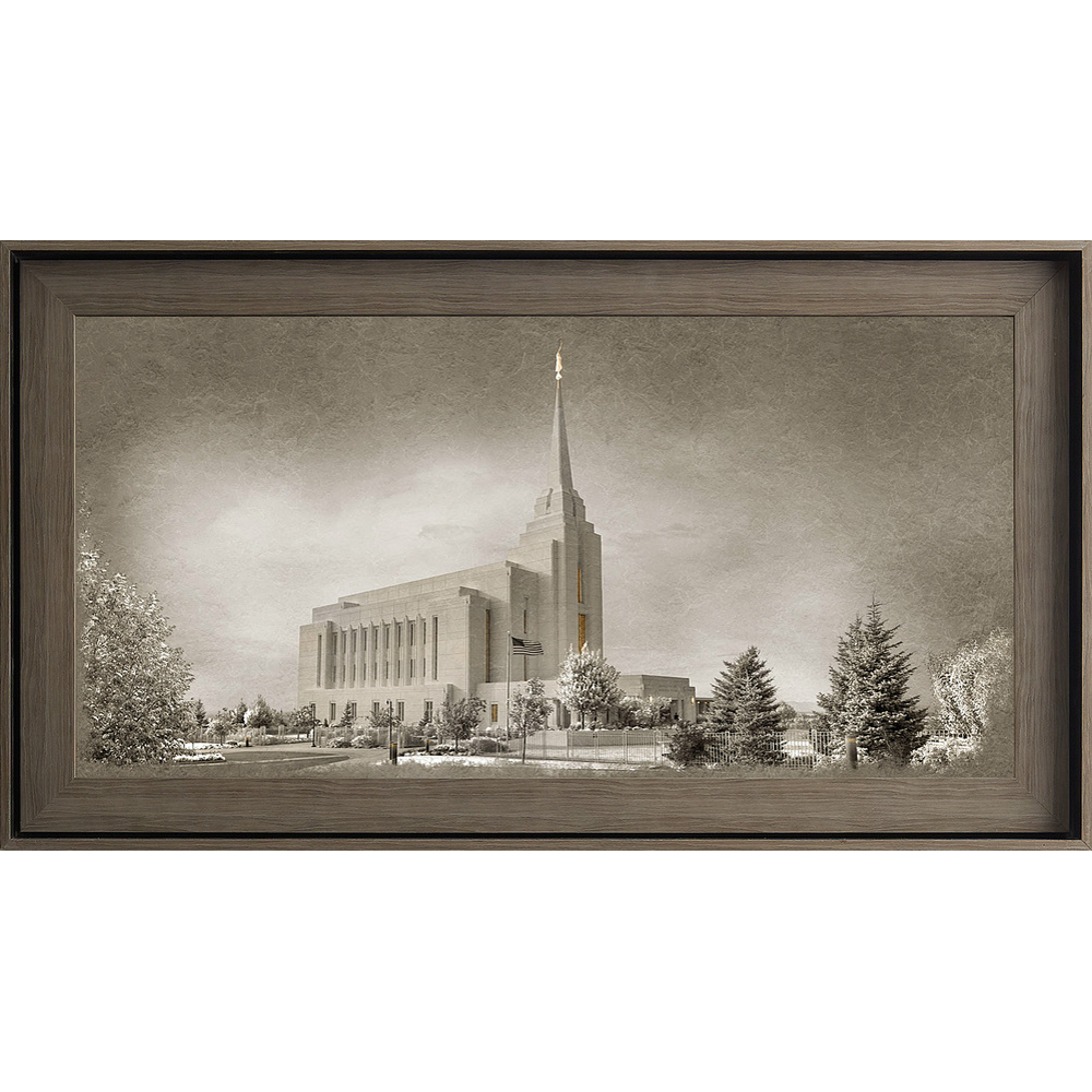 Rexburg Idaho Temple - Gray Wood (22x39 Framed Textured Paper)