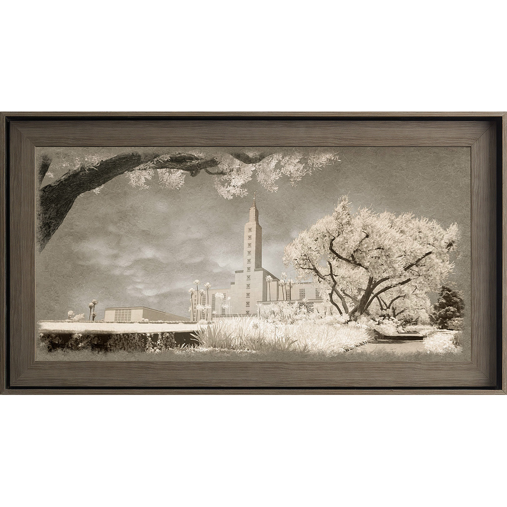 Los Angeles California Temple, Gray Wood (22x39 Framed Textured Paper)