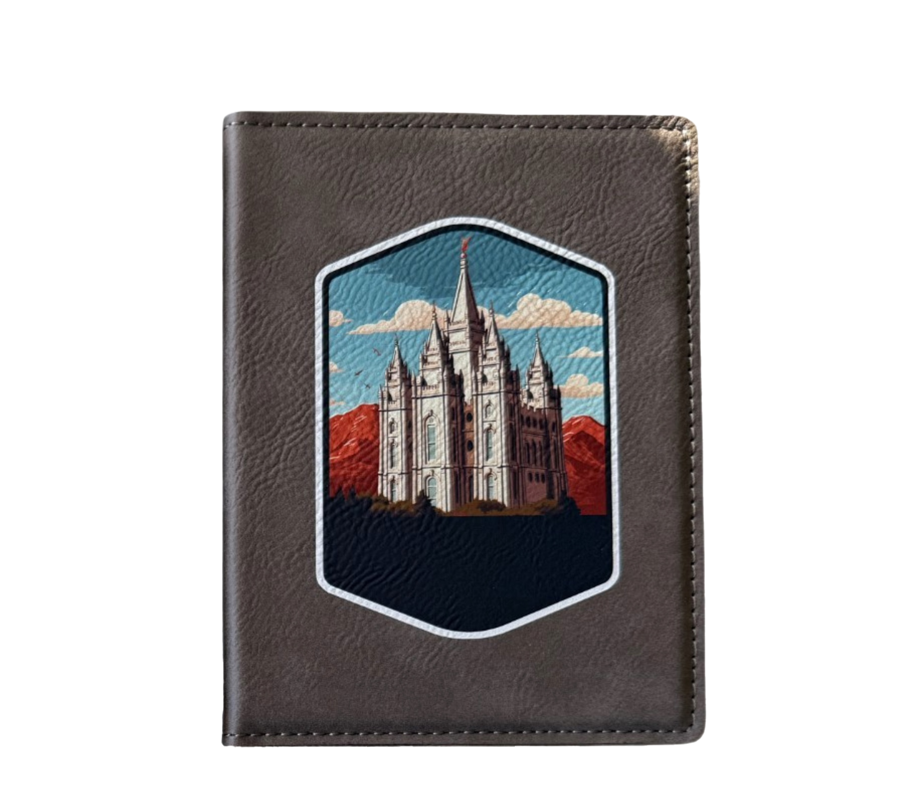 Salt Lake Temple with Mountains Leather Recommend Holder
