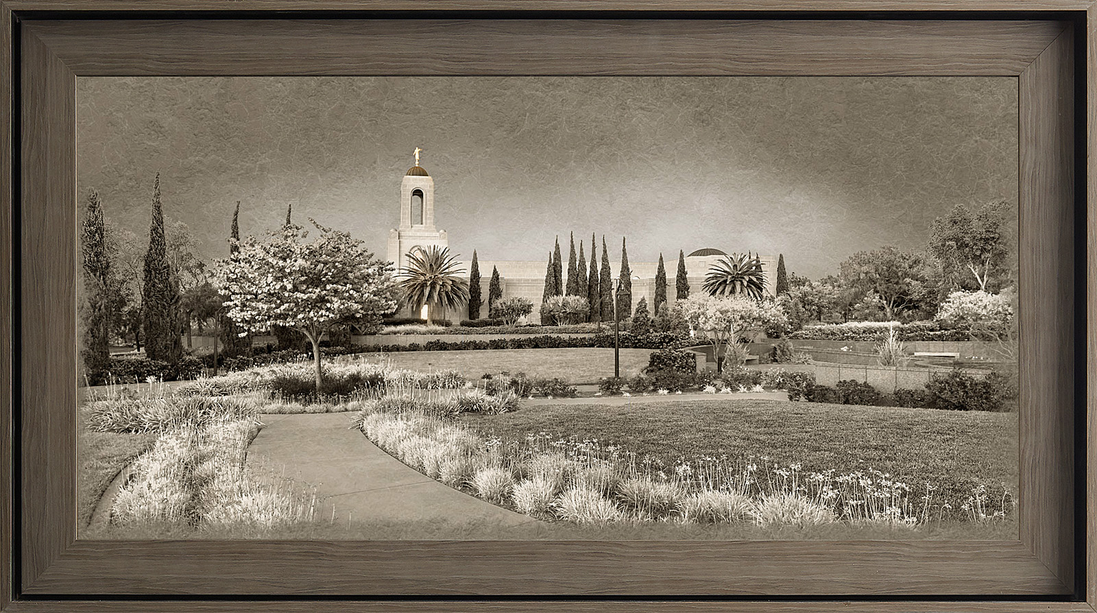 Newport Beach California Temple - Gray Wood (22x39 Framed Textured Paper)