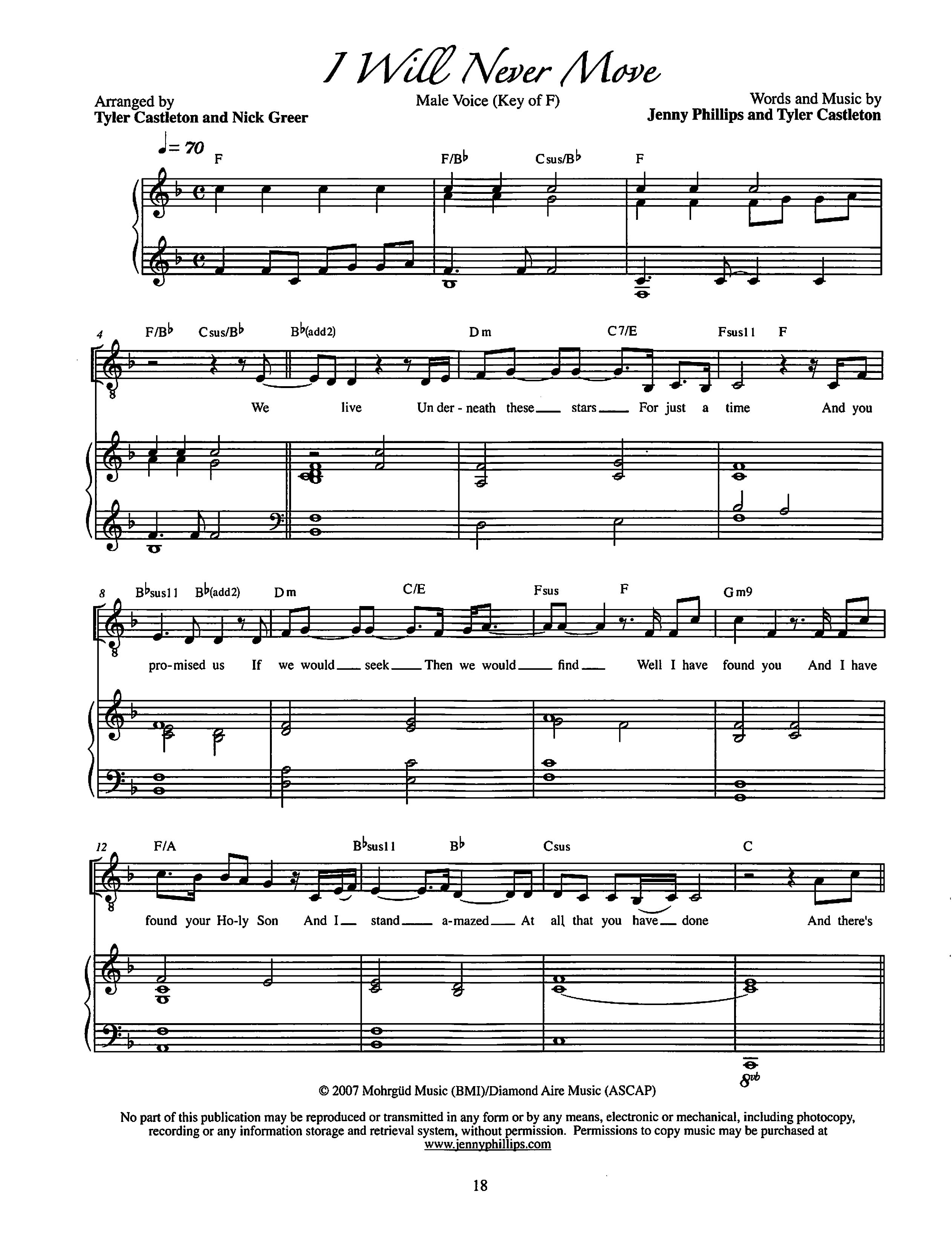 I Will Never Move (Key of F)